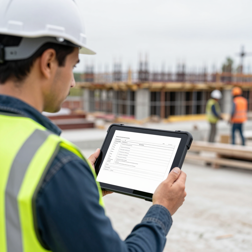 Construction site supervisor reviewing plans on a tablet, hard hat, morning light on the job site
